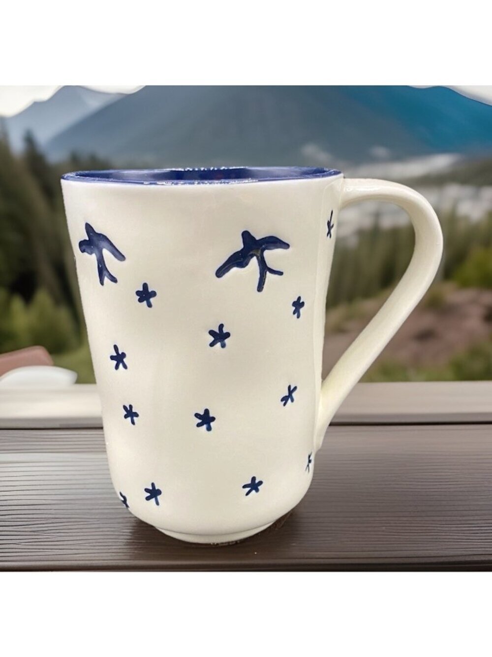 Lemieux Et Cie Anthropologie Cup Mug White Blue Songbird Anthro Birds Stars